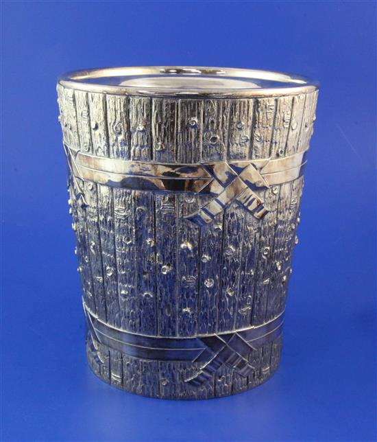 A Victorian silver plated wine cooler by Elkington & Co, modelled as a rustic pail, 8.5in.